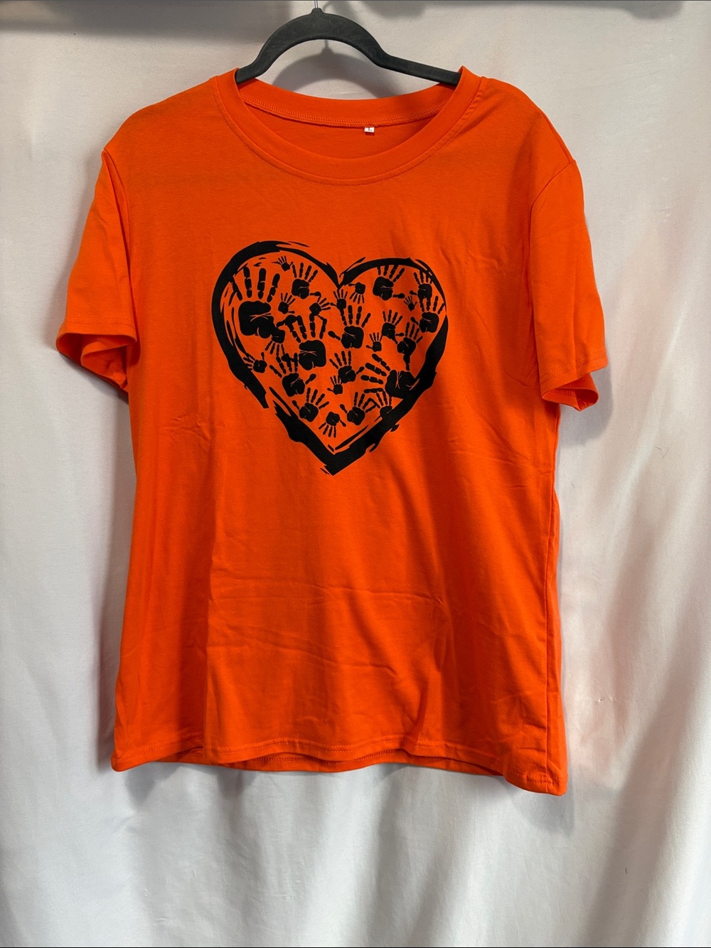 Bright Orange Short Sleeve Tee with Heart Handprint Graphic